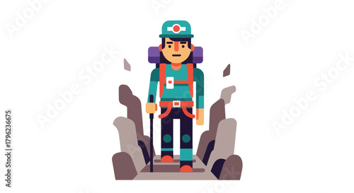 Cartoon Adventurer On The Ascent Exploring Mountainous Terrain and Facing Challenges Directly