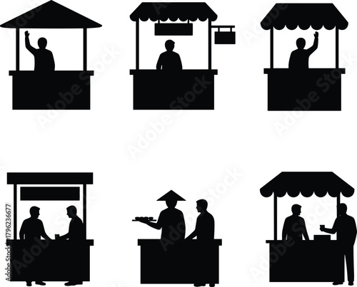 Silhouette market stall vendors, street food sellers and shop kiosks, black vector figures for business, marketplace scenes, trade illustration design