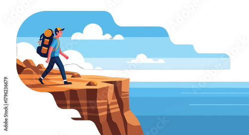 Cartoon Traveler in Silhouette Walking on a Cliffside Path Overlooking the Ocean