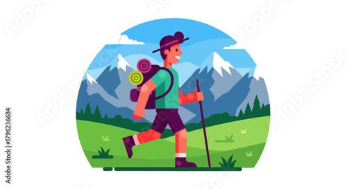 Cartoon Traveler Walking Towards The Mountains In The Natural Landscape