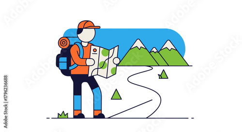 Cartoon Traveler Using Map, Reaching Destination, Exploring Mountains and Nature Landscape