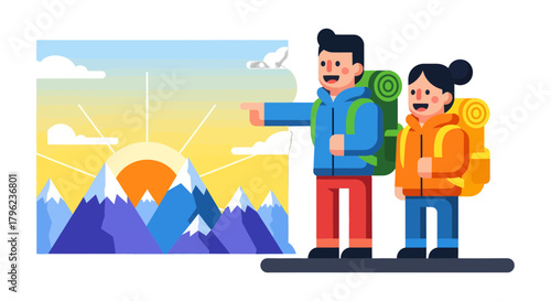 Cartoon Adventurers Exploring Nature's Majestic Beauty: Illustrative Mountain Hike Scene