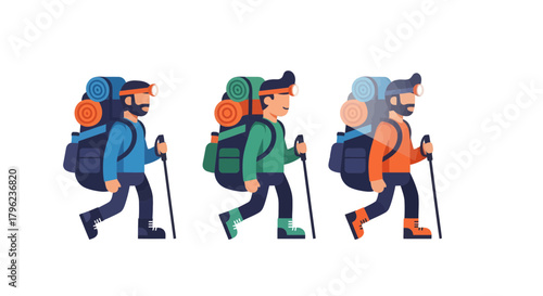 Cartoon Adventurers Hiking at Night with Backpacks and Headlamps in Vector Illustration