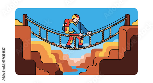 Cartoon Adventurer Trekking Across Rope Bridge Above Canyon, Colorful Landscape