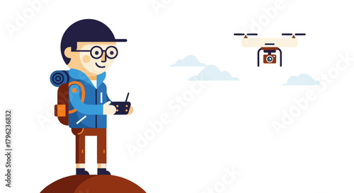 Cartoon Young Man Operating Drone Outdoor Capturing Views and Exploring Adventures