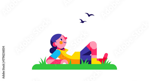 Cartoon Young Lady Lying On The Grass and Contemplating Birds In The Sky