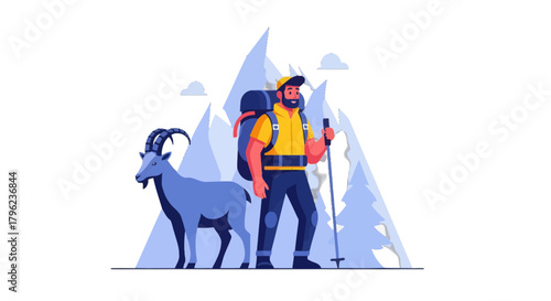 Cartoon Alpine Adventure Depicting Hiker And Mountain Goat with Snow Capped Peaks