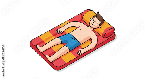 Cartoon Young Man Relaxing On a Floating Mattress, Enjoying a Sunny Summer Day