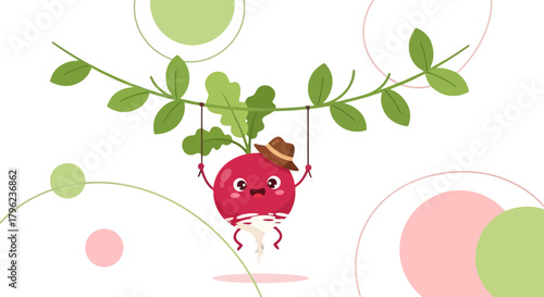 Cartoon Beetroot Man Swinging with Joy on Plant Branch Against Black Background Design