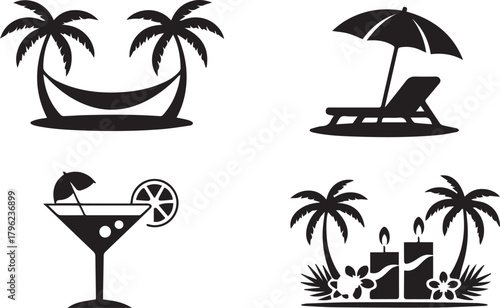 Set of different black tropical vacation symbol isolated vector transparent background