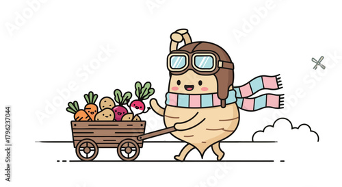 Charming Animated Root Vegetable Character Driving Cart Loaded With Fresh Produce With Optimism