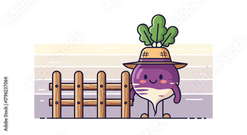 Charming Animated Turnip Character and Wooden Fence in Garden-Themed Illustration Design