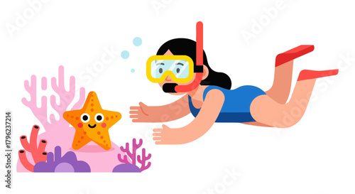 Cartoon Diver Exploring Marine Life Interacting With A Friendly Starfish In The Ocean