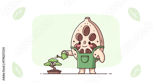 Charming Lotus Seed Pod Character Caring For Miniature Bonsai Tree With Love