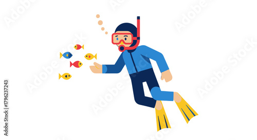 Cartoon Diver Interacting With Fish Illustrating Underwater Exploration and Aquatic Life