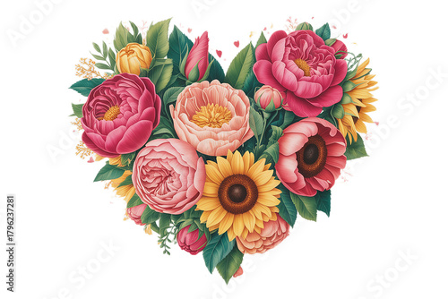 Heart Floral Bouquet with Sunflowers & Pink Peonies | 8K Ultra HD Valentine PNG Illustration
