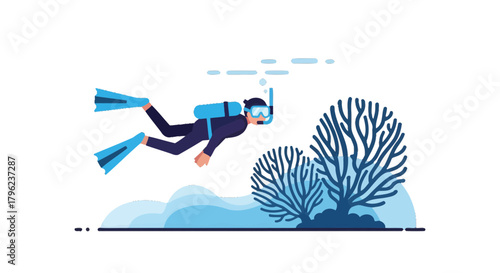 Cartoon Diver Swimming Underwater Near Coral Reef During Exploration of The Deep Ocean