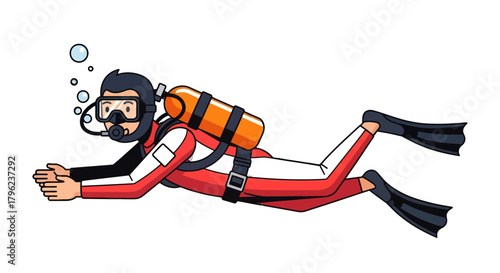 Cartoon Diver Swimming Underwater in the Deep Ocean with Equipment Ready for Exploration