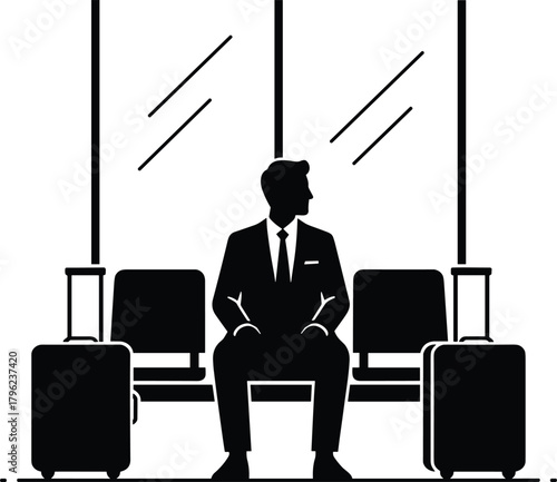 Silhouette of businessman sitting in airport waiting area with luggage, concept of travel, business trip, patience, and journey