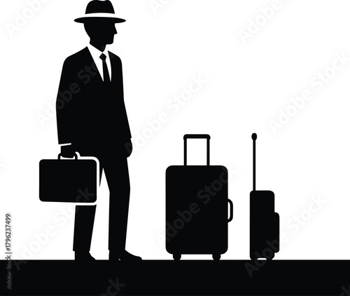 Silhouette of businessman with suitcase and briefcase standing on platform, travel concept, airport, business trip, corporate journey illustration