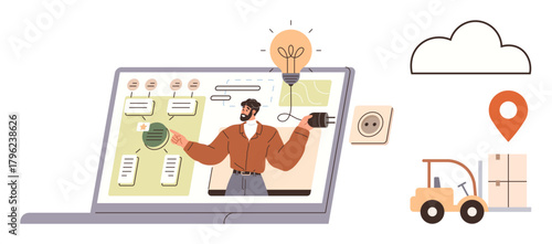 Man explaining logistics plan on laptop screen with charts, light bulb idea, cloud, and forklift. Ideal for logistics, supply chain, online training, brainstorming, innovation technology planning
