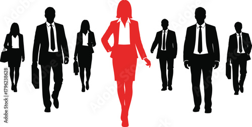 Leadership concept with business people silhouettes, red female leader walking forward, teamwork success, corporate diversity, professional confidence, equality in business