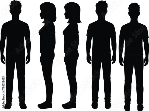 Human silhouette standing, male and female full body, side and front view, black vector people illustration, fashion body outline design
