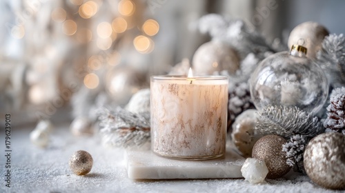 White Candle with Frosted Decor on a Soft Winter Background  