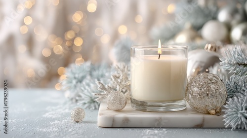 White Candle with Frosted Decor on a Soft Winter Background  