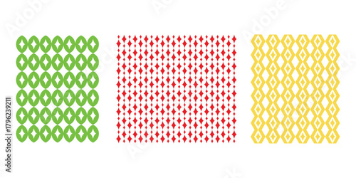 Collection of Three Seamless Geometric Patterns: Green Rings, Red Diamonds, and Yellow Oval Shapes on White Background