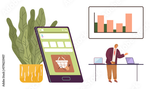 Mobile shopping app screen with cart icon, potted green plant, man presenting analytics on bar chart. Ideal for e-commerce, data analysis, online shopping, retail strategy, user engagement, business