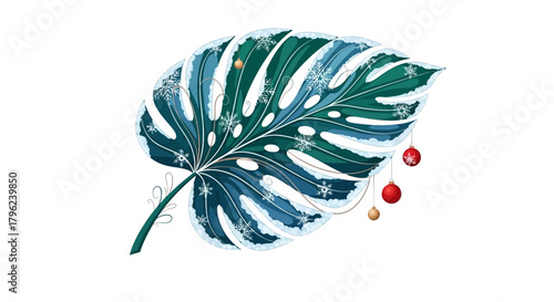A monstera leaf adorned with snow and Christmas ornaments, evoking a winter holiday theme.