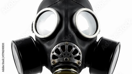 Isolated studio shot of a black gas mask with silver details on a white backdrop, highlighting its design as essential protection equipment and safety gear.