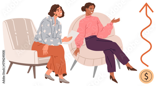 Women in casual outfits talking in modern chairs, with upward trend arrow and dollar sign indicating financial success. Ideal for conversation, teamwork, growth, mentoring, finance, strategy, advice