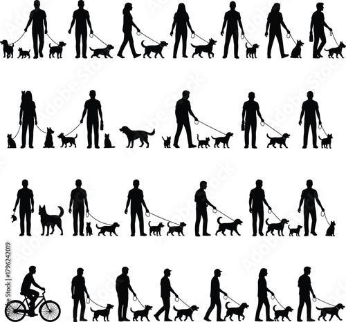Silhouette collection of people walking dogs, pet owners strolling with animals, outdoor activity poses, canine companionship and daily dog walking lifestyle