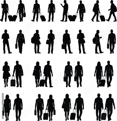 Silhouette collection of travelers walking with luggage, business people carrying bags, airport travel poses showing modern journey, commuting and transportation lifestyle