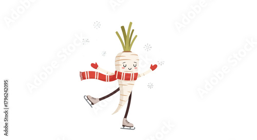 Charming Parsnip Character Enjoying Winter Fun and Ice Skating on Black Background