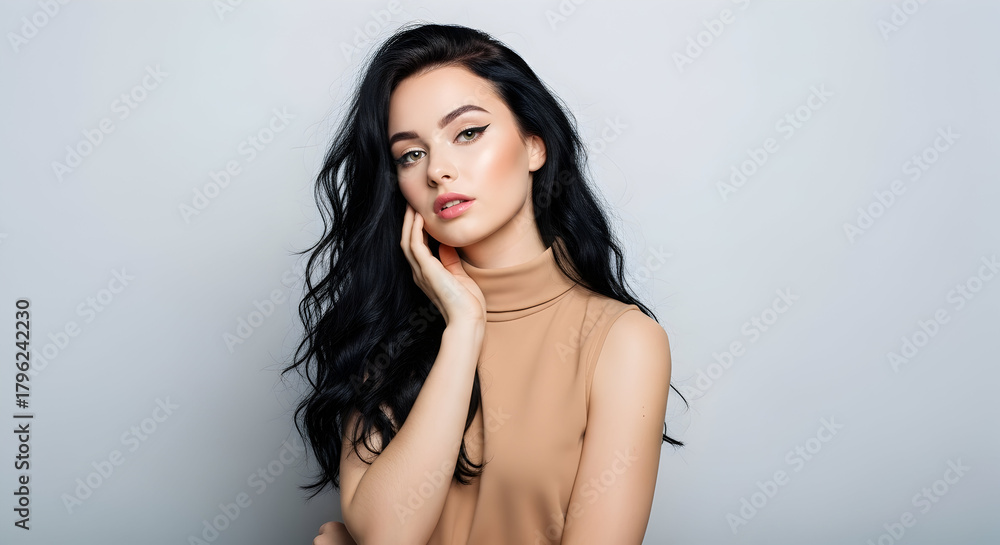 Naklejka premium Beautiful young brunette woman with long wavy hair, hand on cheek, beige turtleneck, soft gray background. Perfect for beauty, fashion, lifestyle ads. 8K, natural, elegant.