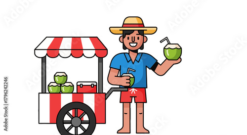 Coconut Vendor Offers Refreshing Drinks, Promoting Tropical Beverages for Tourists