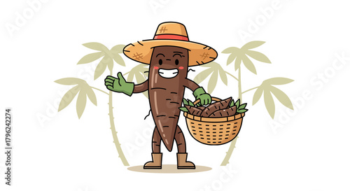 Cheerful Cassava Farmer Cartoon Character With Basket of Cassava and Palm Tree