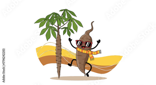 Cheerful Cassava Character Wears Sunglasses And Enjoys Its Delightful Surroundings