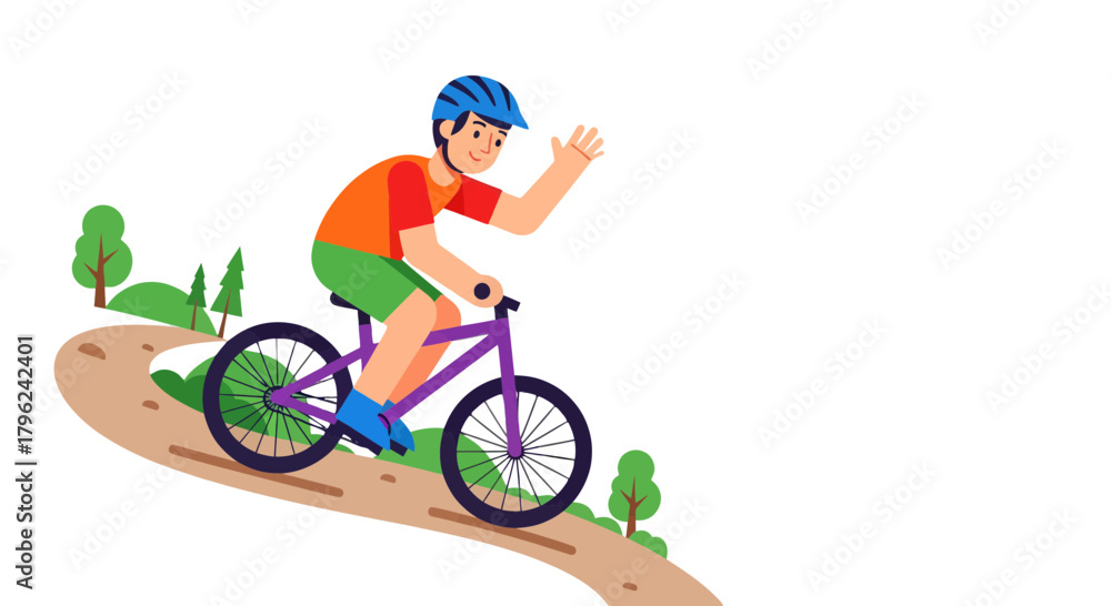 Fototapeta premium Cheerful Cyclist Rides Mountain Bike on a Scenic Trail Through Nature And Greeneries