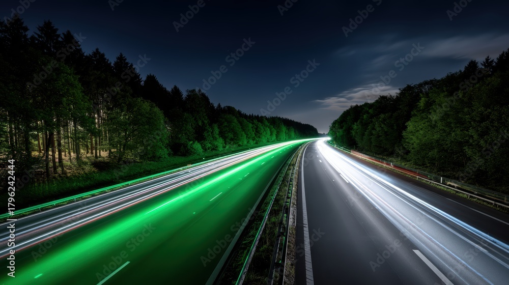 Fototapeta premium Highway at Night: Long Exposure, Car Lights, Travel, Speed