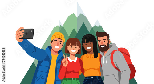 Cheerful Group Enjoying a Mountain Hike, Taking a Selfie Together, Outdoor Adventure