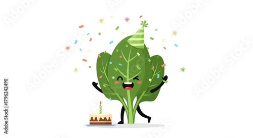 Cheerful Leafy-Green Character Celebrating A Special Birthday Party on Black Background