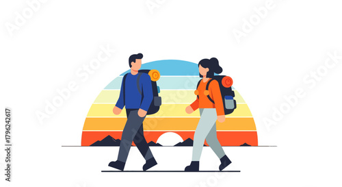 Couple Embarking On Adventure, Together, Amidst Radiant Sunset, Captivating Landscape Journey