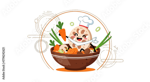 Cheerful Vegetable Character Chef With Whimsical Soup Bowl Illustration On Black Background