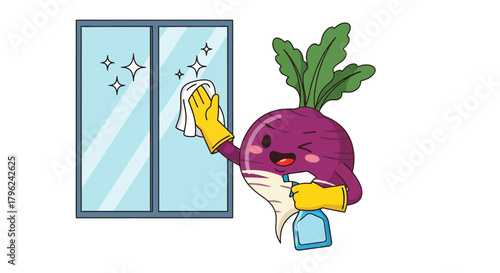 Cheerful Vegetable Character Cleans Window With Joyful Energy And Sparkling Elements