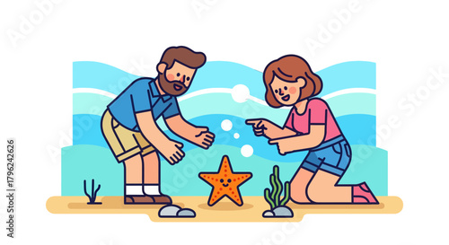 Couple Discovering a Starfish on a Beach with Delightful Coastal Imagery