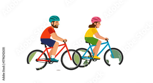 Couple Cycling Together Outdoors Depicted in an Illustrated Flat Style on Black Background